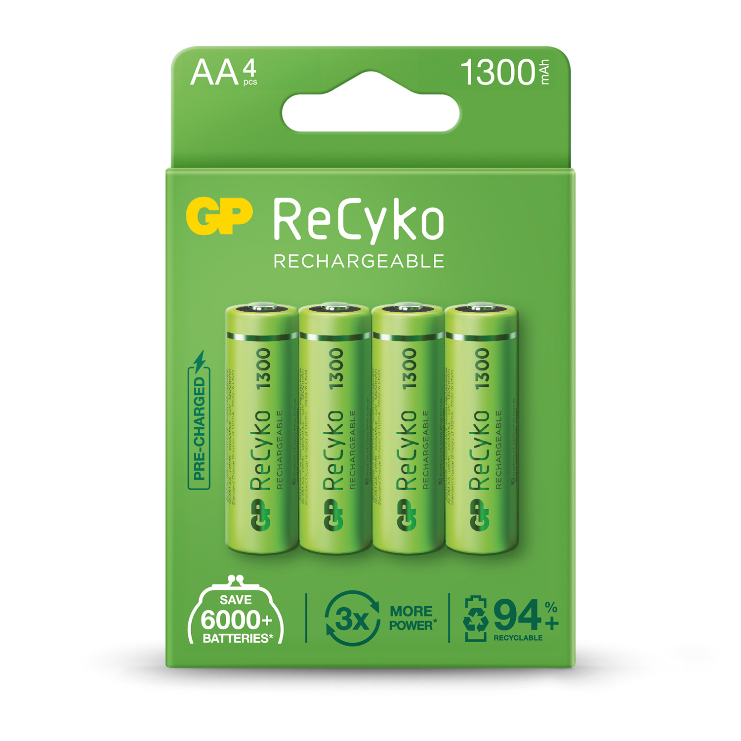 GP Recyko NiMH Rechargeable Batteries GP ReCyko 1300 AA Card of